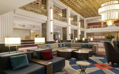 Lobby and coworking lounge at The New Yorker Hotel, A Wyndham Hotel.