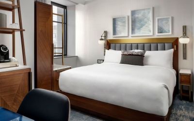 Delux king room with work desk at Rand Tower Hotel, Minneapolis, A Marriott Tribute Portfolio Hotel.