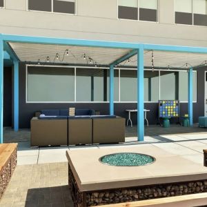 Comfortable patio perfect for coworking at Tru By Hilton Wichita Northeast.
