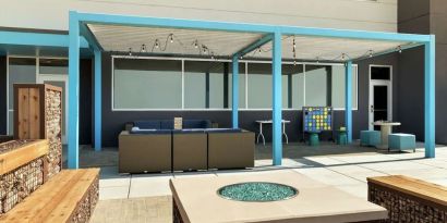 Comfortable patio perfect for coworking at Tru By Hilton Wichita Northeast.
