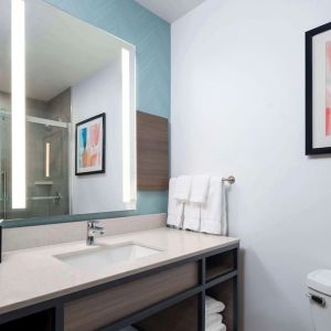 Private guest bathroom with shower and free toiletries at Hilton Garden Inn Kennett Square.
