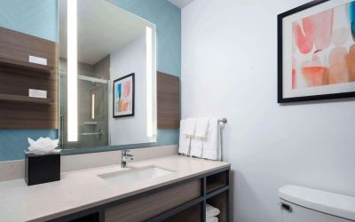 Private guest bathroom with shower and free toiletries at Hilton Garden Inn Kennett Square.