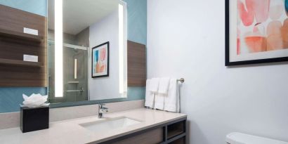 Private guest bathroom with shower and free toiletries at Hilton Garden Inn Kennett Square.