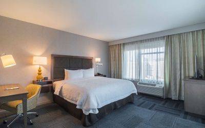 King bed with work desk at Hampton Inn Chicago North/Loyola Station.