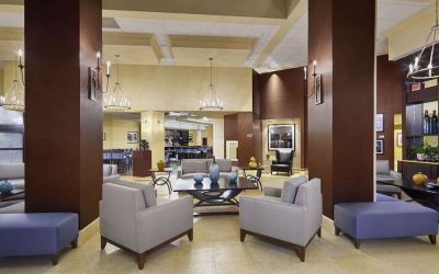 Lobby and coworking lounge at DoubleTree By Hilton Orlando Downtown.

