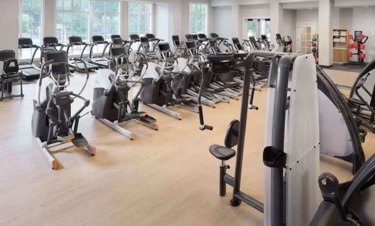 Well-equipped fitness center at Embassy Suites By Hilton Myrtle Beach Oceanfront Resort.