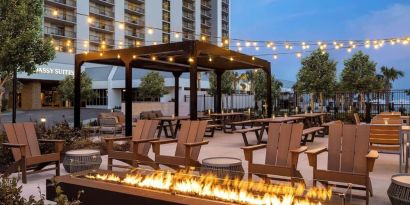 Firepit in courtyard of Embassy Suites By Hilton Myrtle Beach Oceanfront Resort.