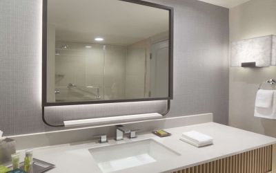 Guest bathroom with shower at Hilton Anatole.