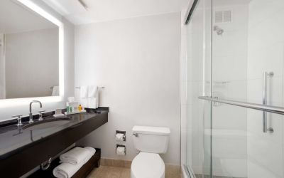 Guest bathroom with shower at Hilton Atlanta.