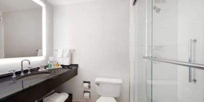 Guest bathroom with shower at Hilton Atlanta.