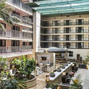 Lobby and coworking lounge at Embassy Suites By Hilton Los Angeles International Airport South.