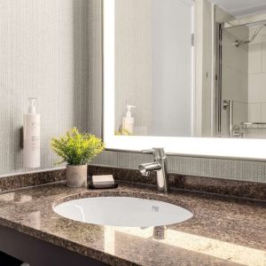 Guest bathroom with shower at Embassy Suites By Hilton Los Angeles International Airport South.