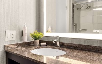 Guest bathroom with shower at Embassy Suites By Hilton Los Angeles International Airport South.