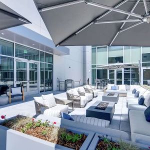 Plenty of seats in courtyard of the Hilton Garden Inn Denver Union Station.