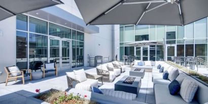 Plenty of seats in courtyard of the Hilton Garden Inn Denver Union Station.