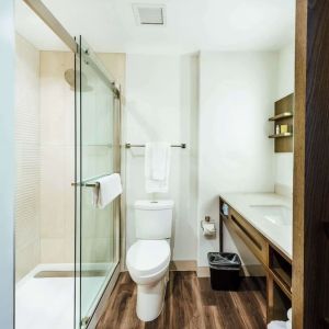 Guest bathroom with shower at Hilton Garden Inn Denver Union Station.