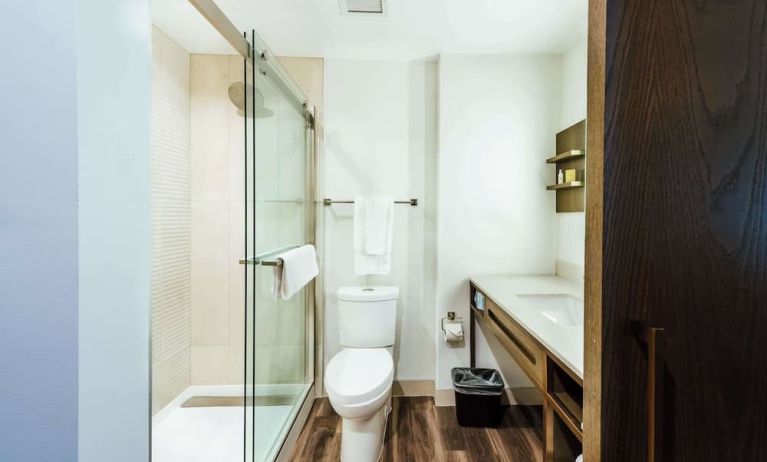Guest bathroom with shower at Hilton Garden Inn Denver Union Station.