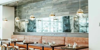 Dining area perfect for coworking at Hilton Garden Inn Denver Union Station.
