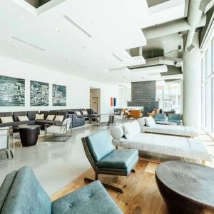 Lobby and coworking lounge at Hilton Garden Inn Denver Union Station.