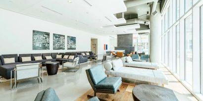 Lobby and coworking lounge at Hilton Garden Inn Denver Union Station.