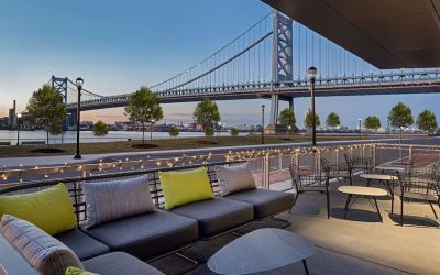 Outdoor furniture perfect for coworking at Hilton Garden Inn Camden Waterfront Philadelphia.