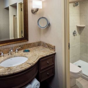 Guest bathroom with shower at Hilton Chicago-Northbrook.