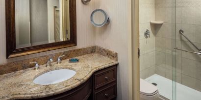 Guest bathroom with shower at Hilton Chicago-Northbrook.