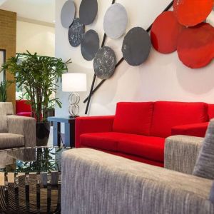 Lobby and coworking lounge at Hilton Chicago-Northbrook.