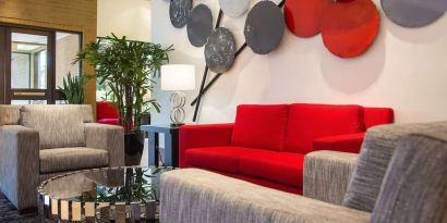 Lobby and coworking lounge at Hilton Chicago-Northbrook.