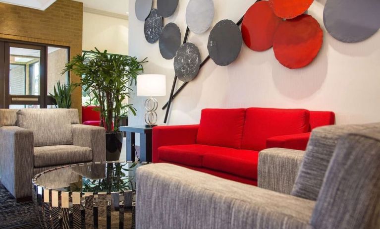 Lobby and coworking lounge at Hilton Chicago-Northbrook.