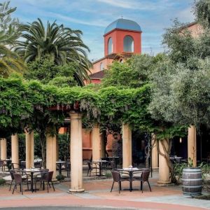 Alfresco dining surrounded by green foliage at DoubleTree By Hilton Sonoma Wine Country.