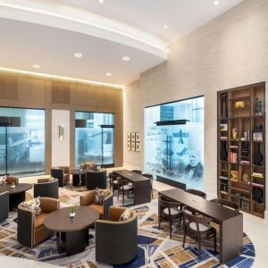Lobby workspace perfect for coworking at Hilton BNA Nashville Airport Terminal.

