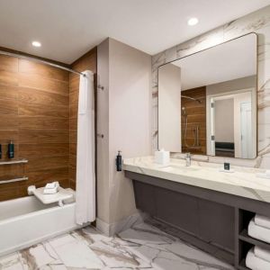 Private guest bathroom with tub at Hilton BNA Nashville Airport Terminal.
