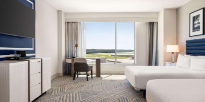 Day use double room with work desk at Hilton BNA Nashville Airport Terminal.
