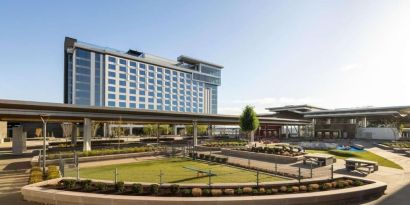 Hotel exterior at Hilton BNA Nashville Airport Terminal.
