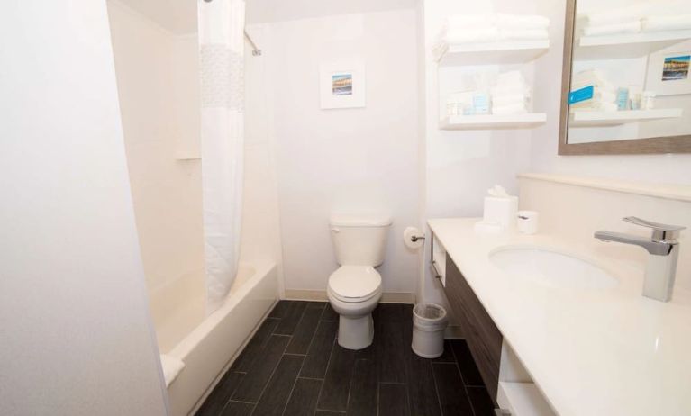 Guest bathroom with shower and tub at Hampton Inn Atlantic City Absecon, NJ.