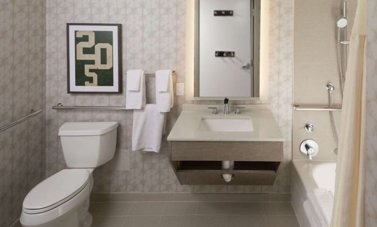 Guest bathroom with shower and tub at Hilton Birmingham At UAB.
