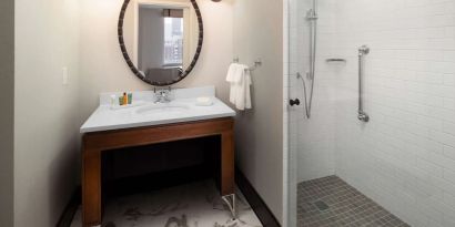Private guest bathroom at Hilton Brooklyn New York.