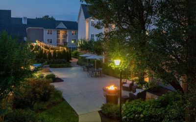 Hotel terrace with lounge seating at Sonesta ES Suites Fairfax Fair Lakes.