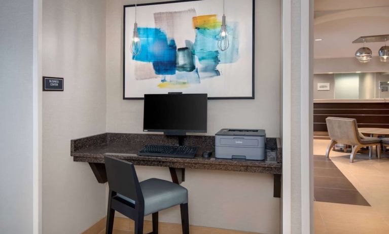 Business center with computer and printer at Sonesta ES Suites Atlanta Alpharetta North Point Mall.