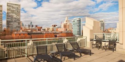 Seats in the rooftop of the Hilton Philadelphia At Penn's Landing.