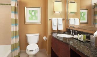 Guest bathroom with shower and tub at Hilton Orlando.