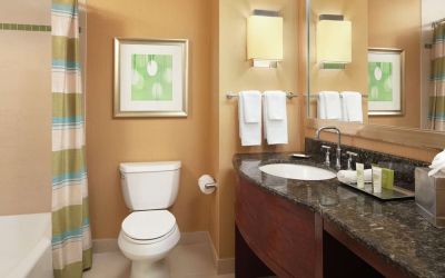Guest bathroom with shower and tub at Hilton Orlando.