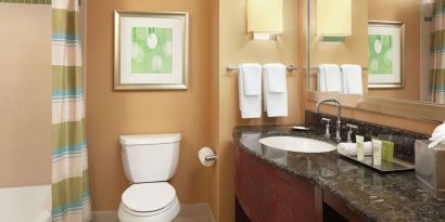 Guest bathroom with shower and tub at Hilton Orlando.
