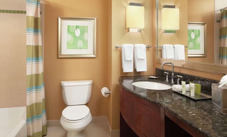 Guest bathroom with shower and tub at Hilton Orlando.