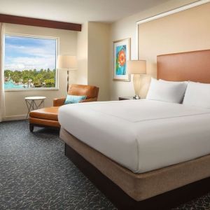 King room with TV, work desk, sofa and a great pool view at Hilton Orlando.