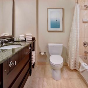 Guest bathroom with shower and tub at Embassy Suites By Hilton San Diego-La Jolla.