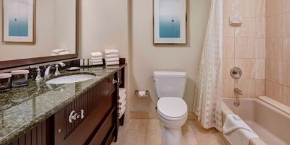 Guest bathroom with shower and tub at Embassy Suites By Hilton San Diego-La Jolla.