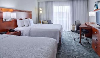 Bright and spacious day use twin room with work desk and floor to ceiling window at Sonesta Select Indianapolis Carmel.