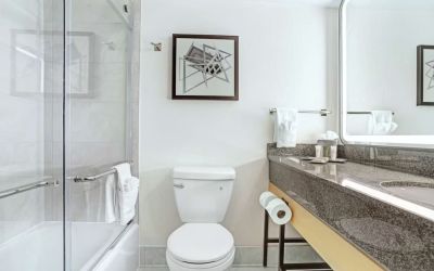 Guest bathroom with shower at Hilton Crystal City At Washington Reagan National Airport.